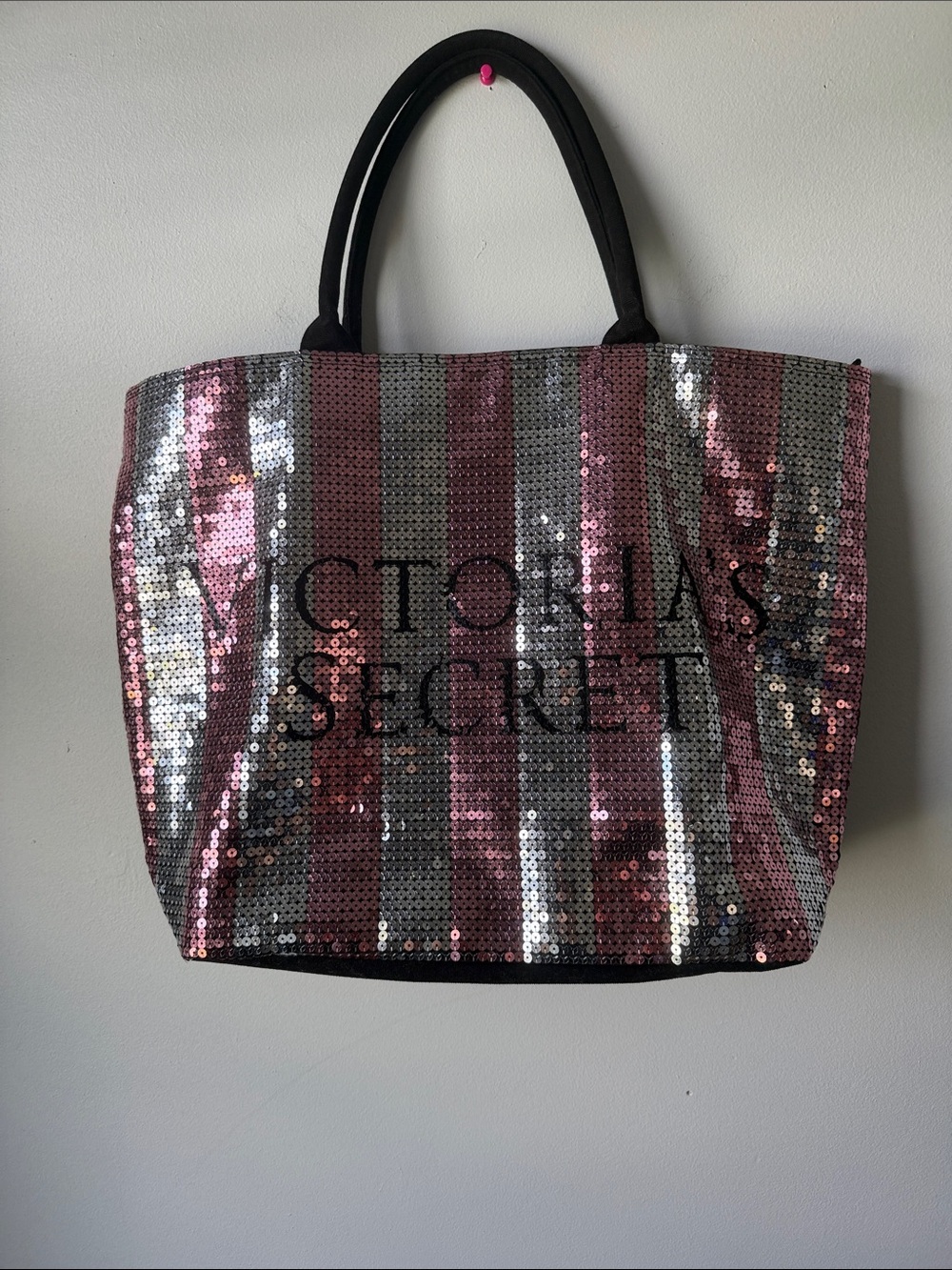 Victoria's Secret Pink and Silver Sequin Stripe Tote